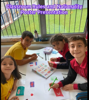 Caner Özen College fourth-grade students made a poster presentation about "Classroom Rules" and "Nationality" with their classmates in a collaborative way. This allowed our students to both review these units and practice speaking on them. We learn E