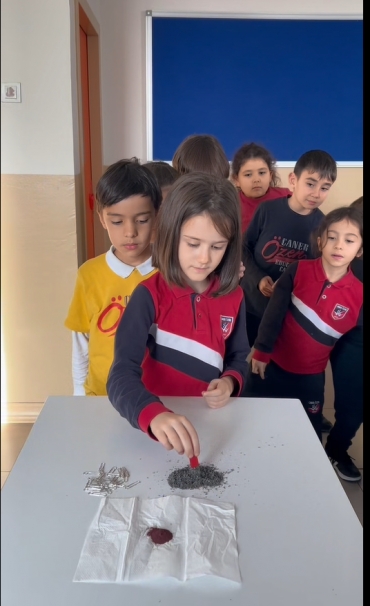 2/A sınıfı ile laboratuvar dersinde mıknatısın hangi tür maddeleri çekip çekmediğini deneyerek öğrendik.