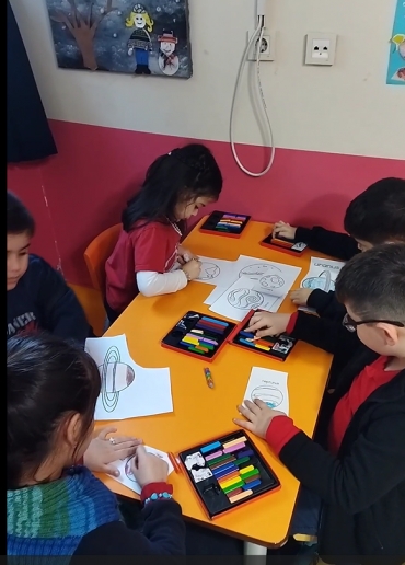 6 yaş B grubu öğrencileri Dünyamız ve Uzay konusu kapsamında hazırladıkları grup çalışmasında güneş sistemini tekrar etti.