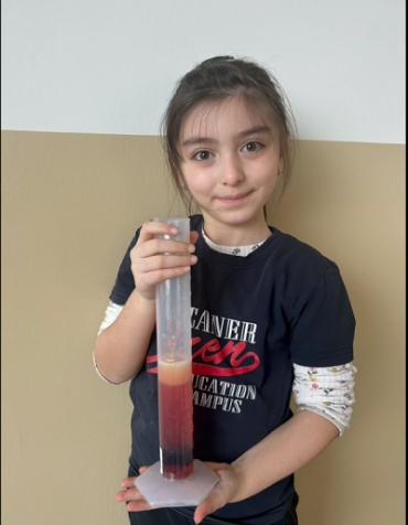 1/A sınıfı ile laboratuvar dersinde çeşitli malzemeler kullanarak “yoğunluk kulesi” yaptık. Farklı yoğunluktaki maddelerin belirli bekleme süresinden sonra birbiri içinde karışmayacağını, yoğun olanın daha altta kalacağını gözlem yoluyla öğrenmiş old